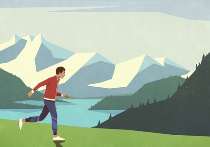 Carefree man jogging in idyllic mountain field