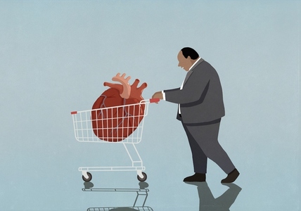 Overweight businessman pushing shopping cart with enlarged heart