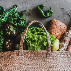 Flat lay of healthy shopping bag with fresh ingredients  square crop