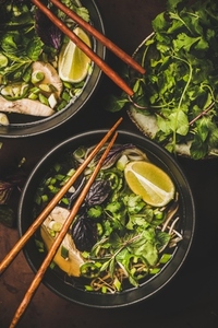 Vietnamese traditional rice noodle and chicken soup Pho Ga  close up