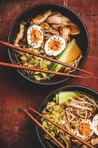 Japanese traditional Ramen soup with chicken and shiitake mushrooms