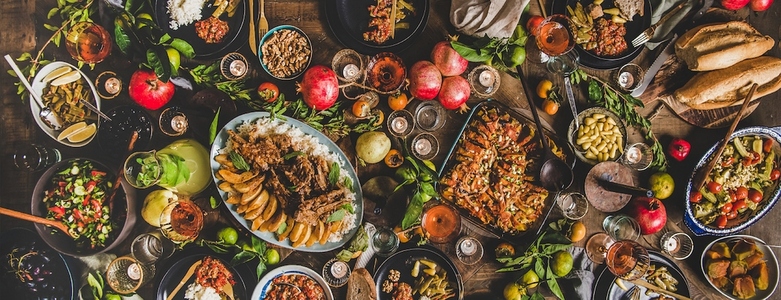 Flat lay of Turkish traditional foods for celebrating holiday  wode composition