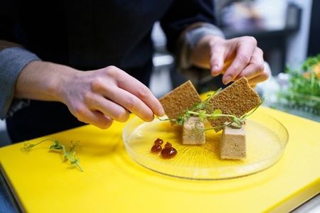 Crop chef plating foie micuit with crunchy croutons in restaurant