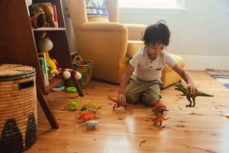 Young boy playing with colourful dinosaur toys at home