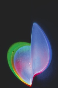 Abstract image of colorful shapes of light against black backgro