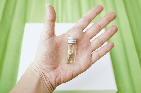 Hand holding a tiny bottle with a tiny plant inside it
