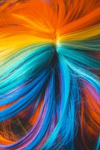 Close up of a multi colored rainbow wig