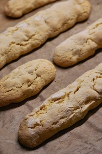 Close up fresh baked Italian Cantuccini biscotti cookies