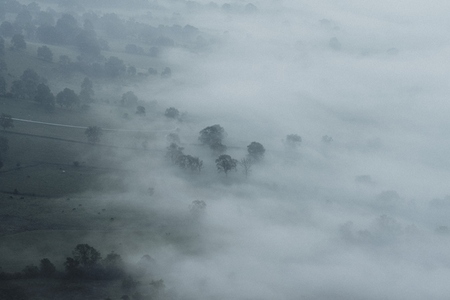 Scenic aerial view fog over valley landscape with trees 1