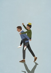 Father piggybacking son wearing crown and cheering