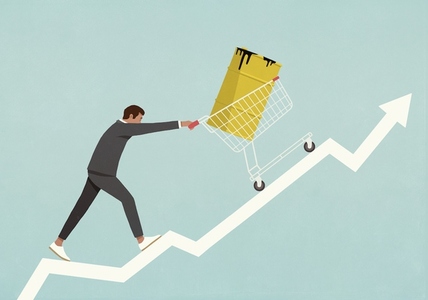 Businessman pushing oil barrel in shopping cart up line graph arrow