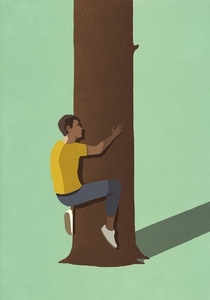 Eco friendly conscientious man hugging tree trunk