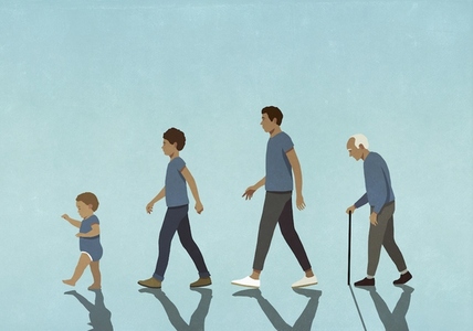 Multigenerational males in blue walking in a row