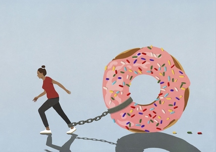 Large sprinkled donut chained to let of woman trying to walk