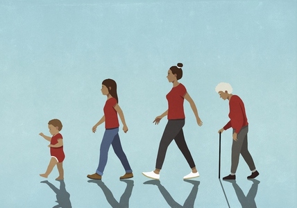 Multigenerational females in red walking in a row