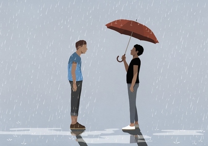 Man under umbrella face to face with man standing in rain