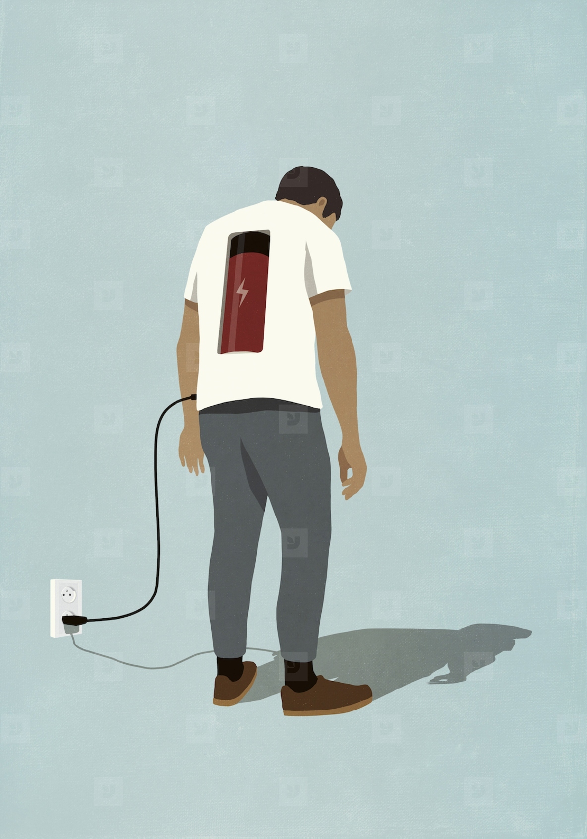 Man charging battery in back with plug