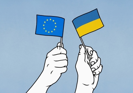 Hands holding European Union and Flag Ukrainian flags