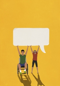 Portrait man in wheelchair and woman holding speech bubble overhead