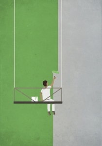 Man on hanging platform painting wall green
