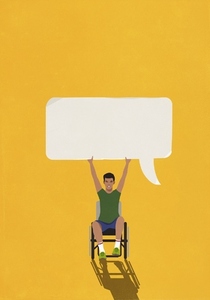 Portrait happy confident man in wheelchair holding speech bubble overhead