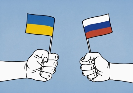 Fists clenching flags of Ukraine and Russia
