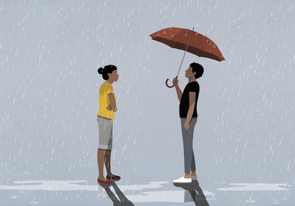 Woman standing in rain looking at husband under umbrella