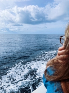 Back view of a young woman in glasses looking at ocean from boat