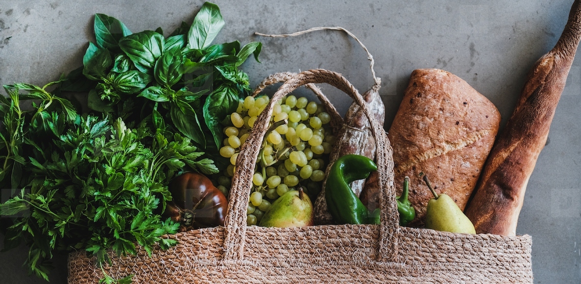 Flat lay of healthy shopping bag with fresh produce  wide composition