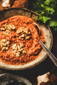 Turkish red pepper paste with walnuts  simit bagels and parsley
