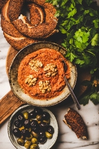 Turkish smoked red pepper paste with walnuts and simit bagels