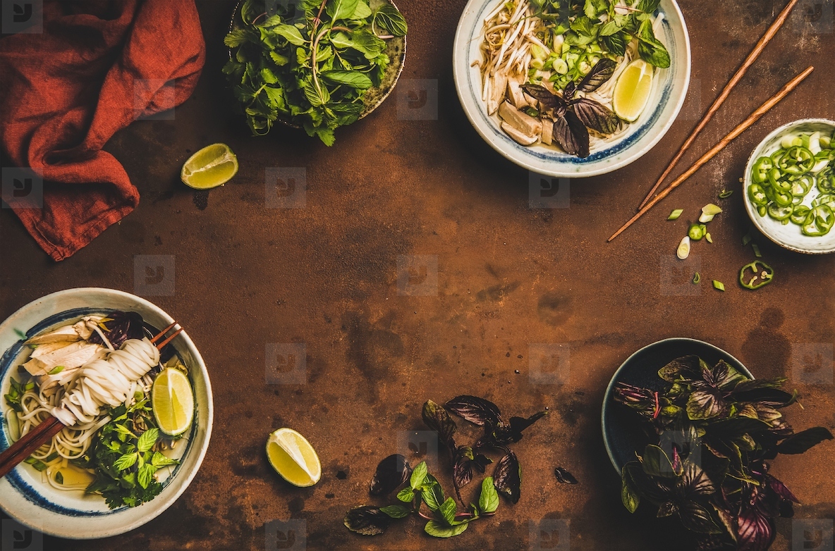 Flat lay of Vietnamese lunch with soup Pho Ga with noodles