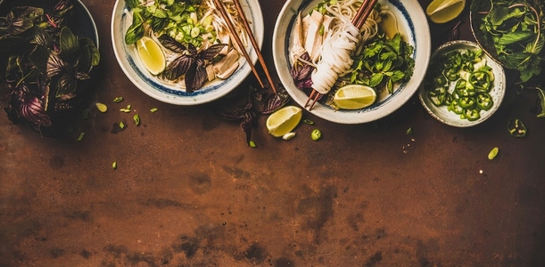 Flat lay of Vietnamese lunch with soup Pho Ga  wide composition