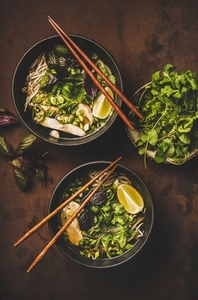 Vietnamese traditional rice noodle and chicken soup Pho Ga