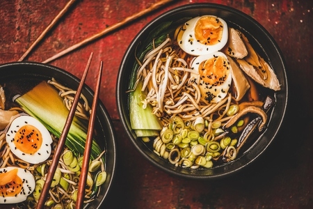 Japanese Ramen soup with chicken  eggs and shiitake mushrooms