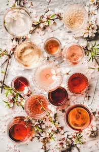 Various shades of rose wine over white marble background