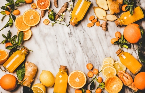Immune boosting turmeric  ginger  citrus juice shots  copy space