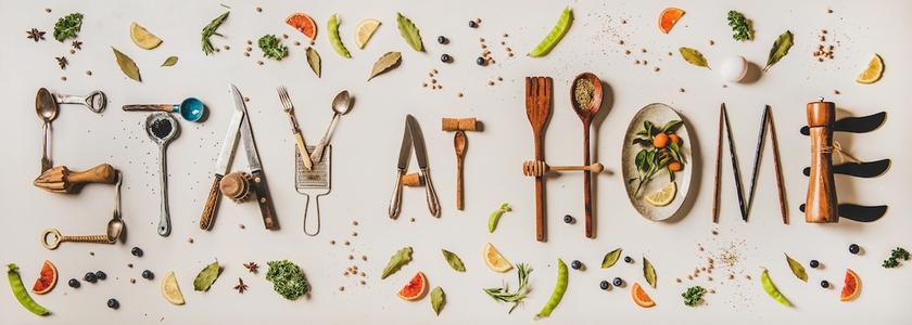 Stay at home lettering made from kitchen utencils and food ingredients