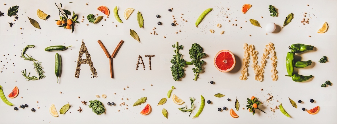 Stay at home lettering made from various healthy food ingredients