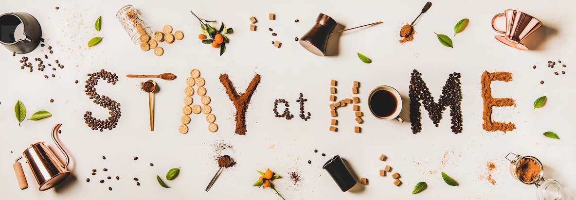 Stay at home lettering made from coffee kitchenware and foods