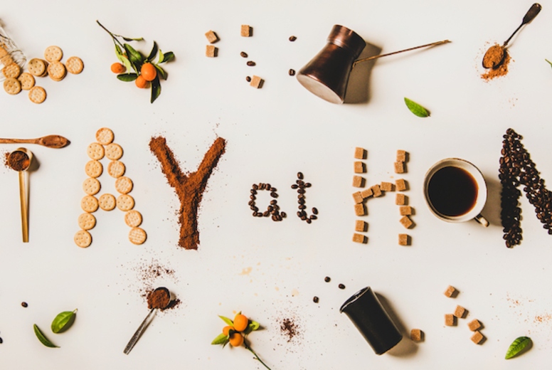 Stay at home lettering made from coffee kitchenware and foods