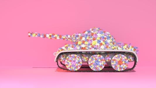 Military vehicle covered by flowers on pink background  3D rendering illustration