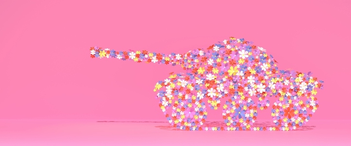 Side view of a tank silhouette made in flowers  Peace concept 3D Rendering