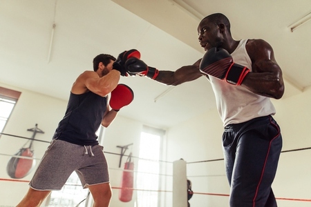 Boxing athlete throwing punches at the focus pads held by his coach