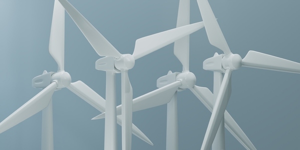 Four wind turbines against grey background  3D render illustration