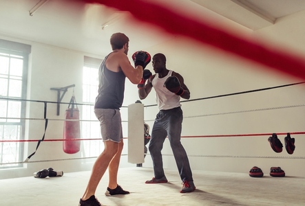 Trainer coaching a boxing athlete in a gym