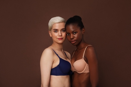 Two women in lingerie standing together on brown background  Young females wearing brassieres looking at camera