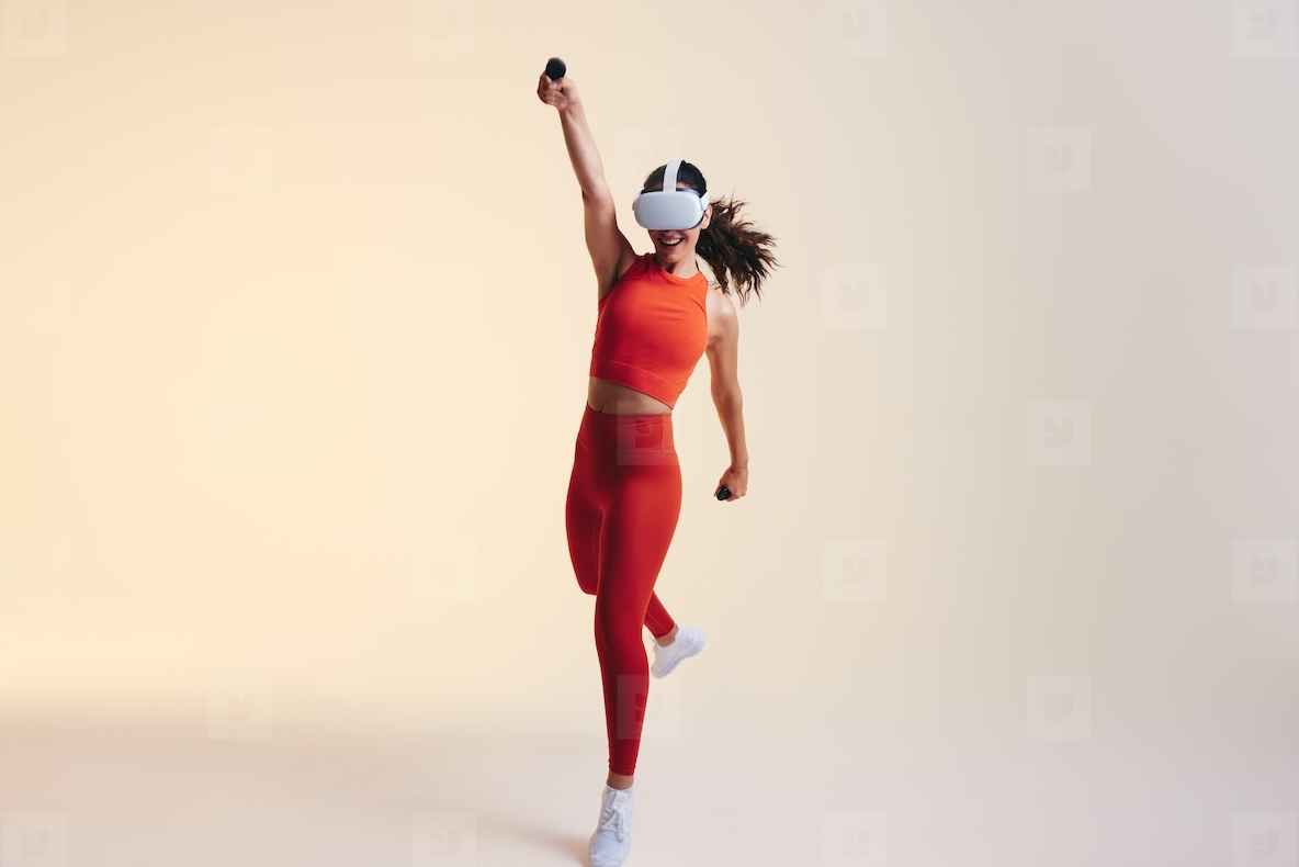 Woman winning a virtual reality race