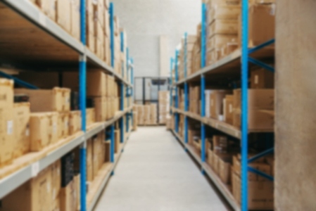 Defocused view of warehouse shelves