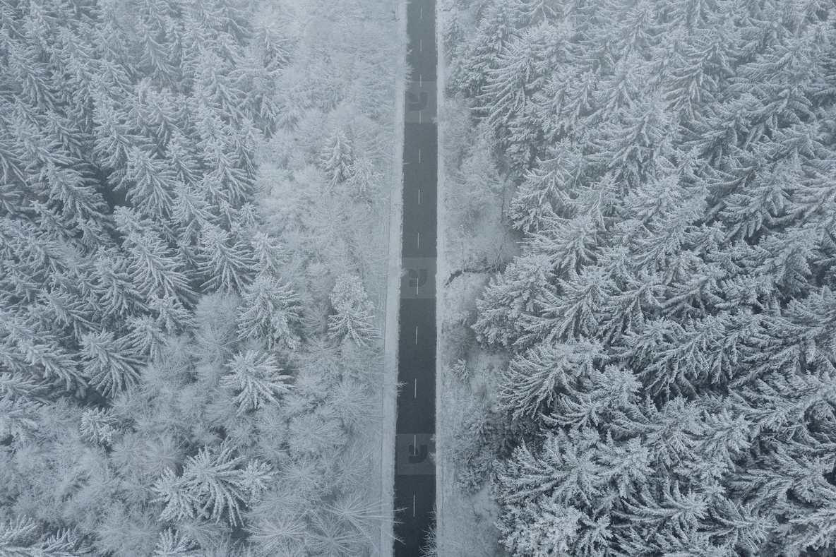 Aerial view snow covered trees along road 1 stock photo (262018 ...